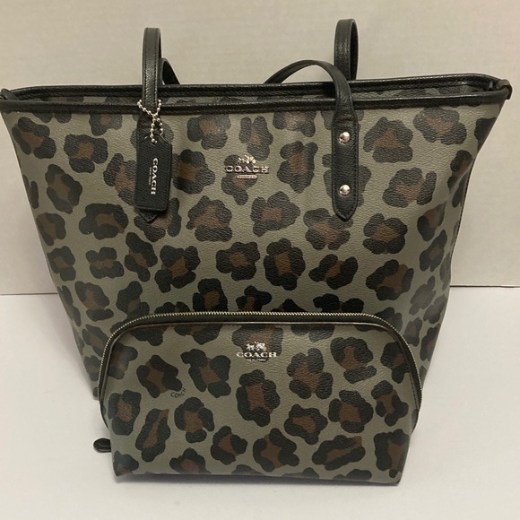 Coach City Zip Tote Leopard and  matching makeup bag gray brown black - Picture 1 of 16